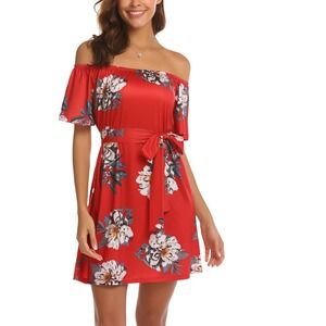 Ours Women's Soft Off Shoulder Tunic Design Beach Red Floral Dress/Belt Sz M